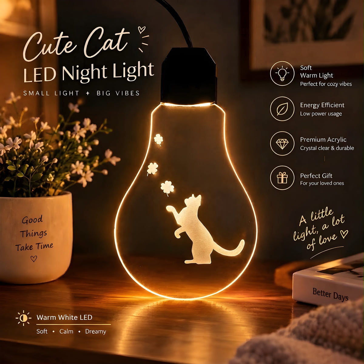 Playful Cat Acrylic LED Night Light
