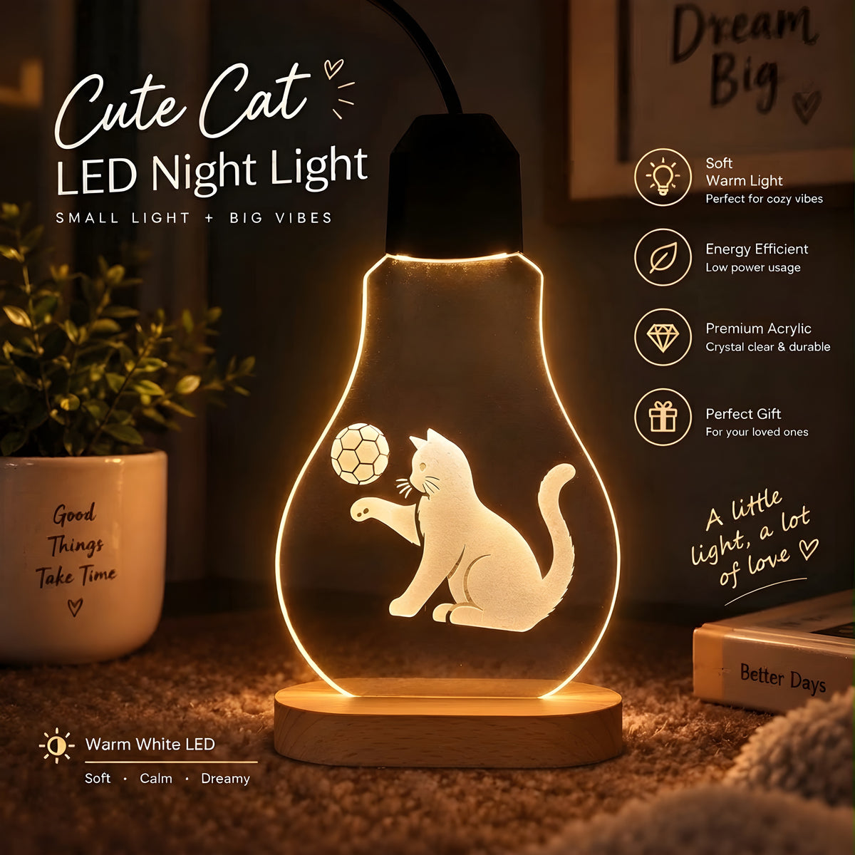 Footballer Cat Acrylic LED Night Light